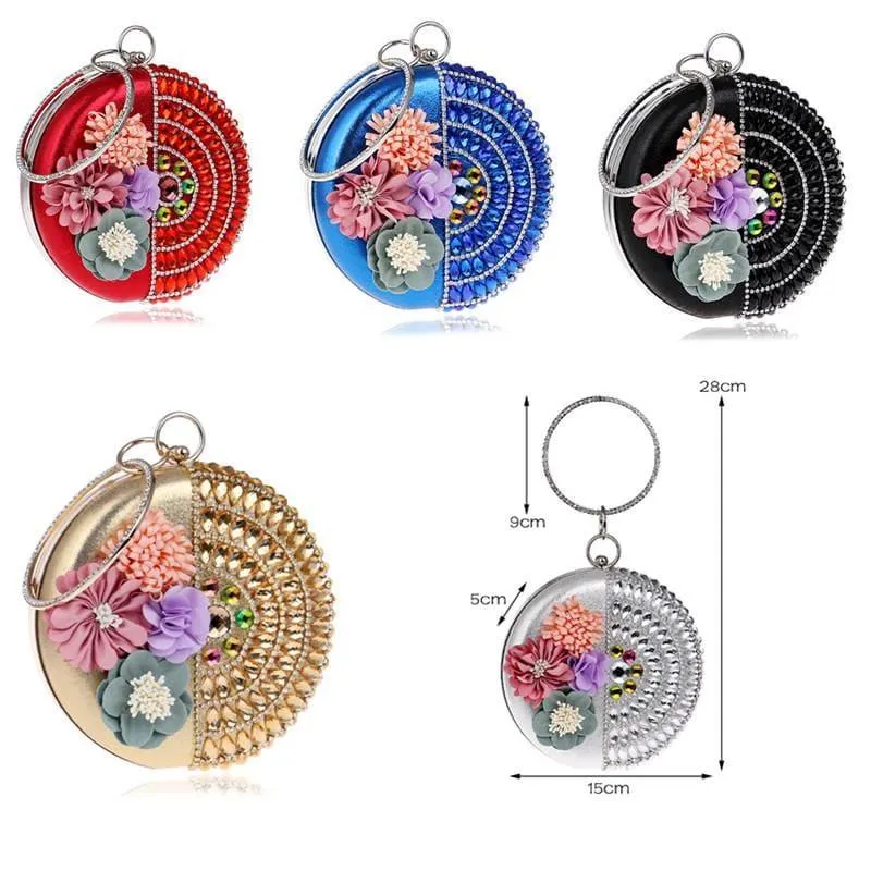 Round Women Rhinestones Beaded  Clutch Flower Diamonds Lady Evening Bag