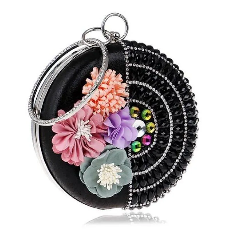 Round Women Rhinestones Beaded  Clutch Flower Diamonds Lady Evening Bag
