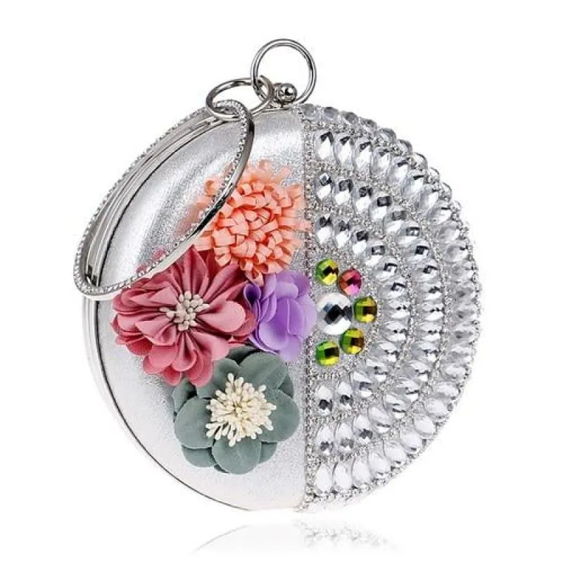 Round Women Rhinestones Beaded  Clutch Flower Diamonds Lady Evening Bag