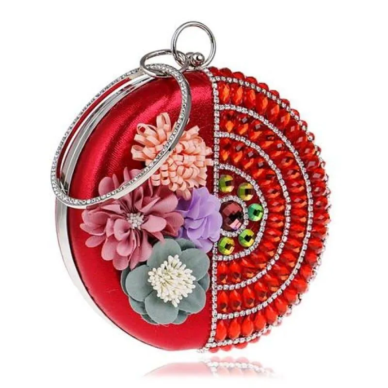 Round Women Rhinestones Beaded  Clutch Flower Diamonds Lady Evening Bag