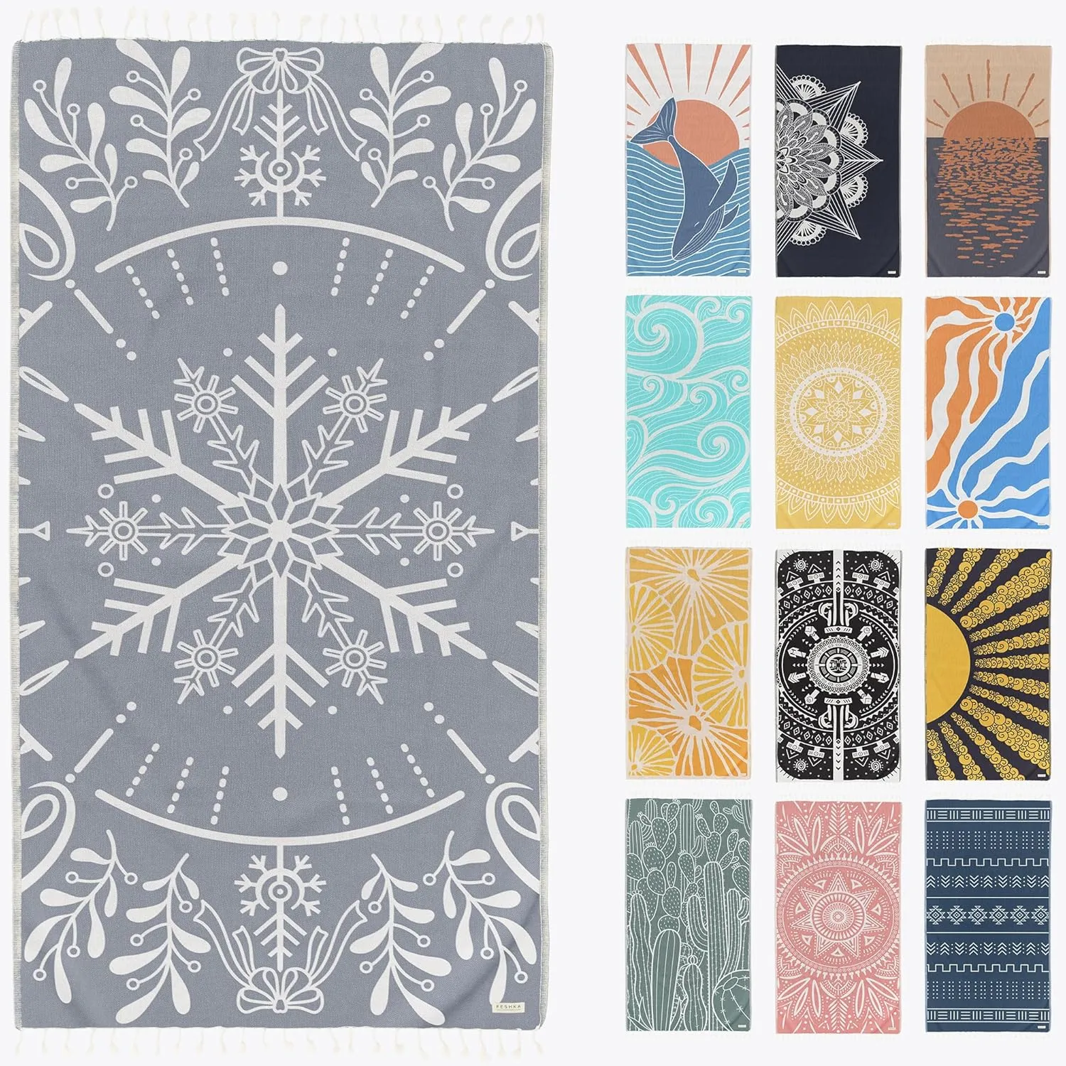 Sand Free Turkish Beach Towel (37 x 67) Quick Dry Bath Towel, Oversized Beach Blanket, Lightweight for Travel - Made with 100% Organic Turkish Cotton - Snowflake (Gray)