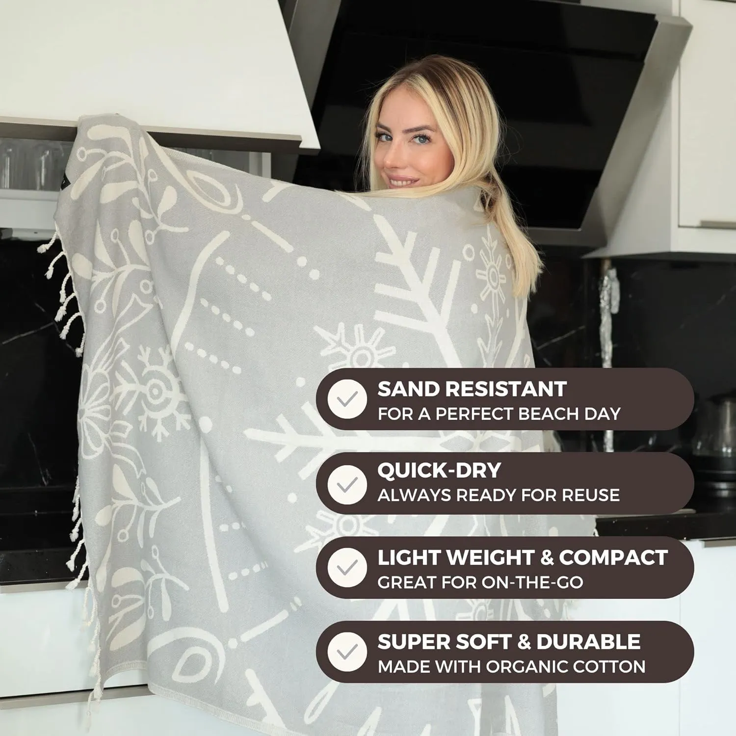 Sand Free Turkish Beach Towel (37 x 67) Quick Dry Bath Towel, Oversized Beach Blanket, Lightweight for Travel - Made with 100% Organic Turkish Cotton - Snowflake (Gray)