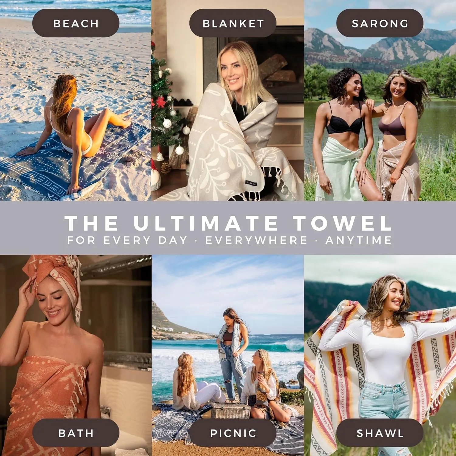 Sand Free Turkish Beach Towel (37 x 67) Quick Dry Bath Towel, Oversized Beach Blanket, Lightweight for Travel - Made with 100% Organic Turkish Cotton - Snowflake (Gray)