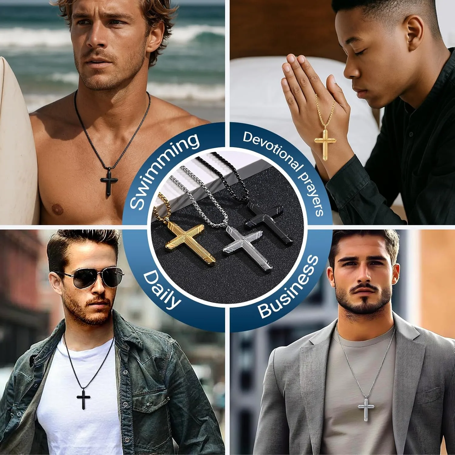Stainless Steel Cross Necklace for Men, Silver Black Gold Cross Pendant Jesus Necklace Chain, Non Tarnish Sturdy Mens Christian Jewelry Gifts for Him Baptism Confirmation Birthday, 24 Inch
