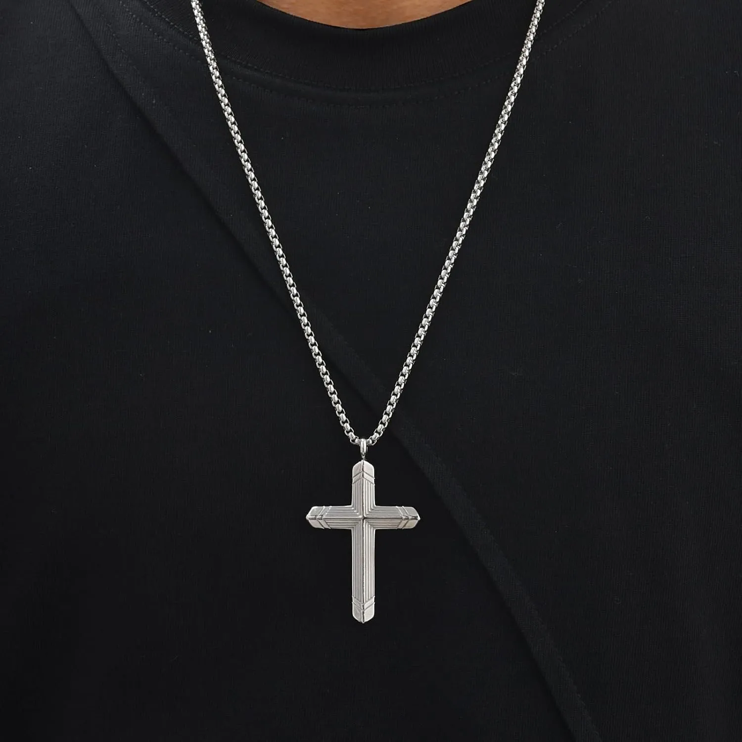 Stainless Steel Cross Necklace for Men, Silver Black Gold Cross Pendant Jesus Necklace Chain, Non Tarnish Sturdy Mens Christian Jewelry Gifts for Him Baptism Confirmation Birthday, 24 Inch