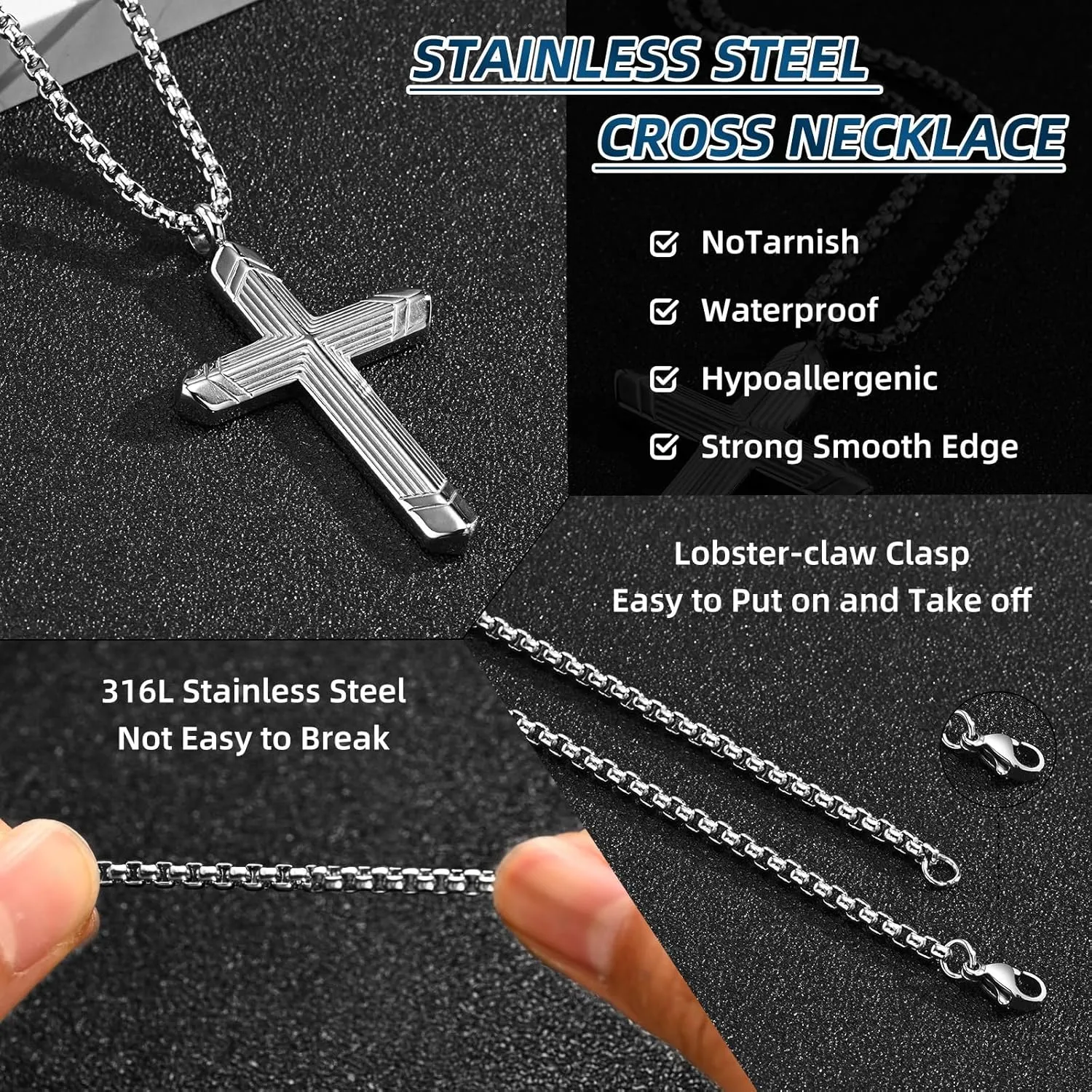 Stainless Steel Cross Necklace for Men, Silver Black Gold Cross Pendant Jesus Necklace Chain, Non Tarnish Sturdy Mens Christian Jewelry Gifts for Him Baptism Confirmation Birthday, 24 Inch