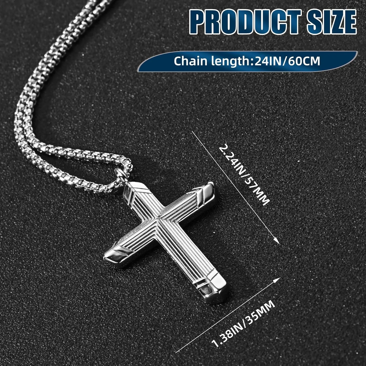 Stainless Steel Cross Necklace for Men, Silver Black Gold Cross Pendant Jesus Necklace Chain, Non Tarnish Sturdy Mens Christian Jewelry Gifts for Him Baptism Confirmation Birthday, 24 Inch