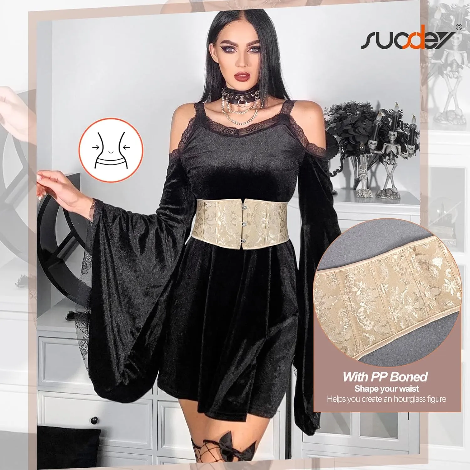 SUOSDEY Jacquard Corset Belt for Women Underbust Boned Lace Up Bustier Waspie Belt Renaissance Steampunk Pirate Corset