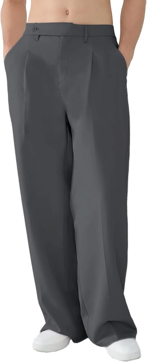 Susclude Mens Casual Dress Pants Pleated Old Money Wide Leg Baggy Pants Slacks Relaxed Fit Lightweight Work Trousers