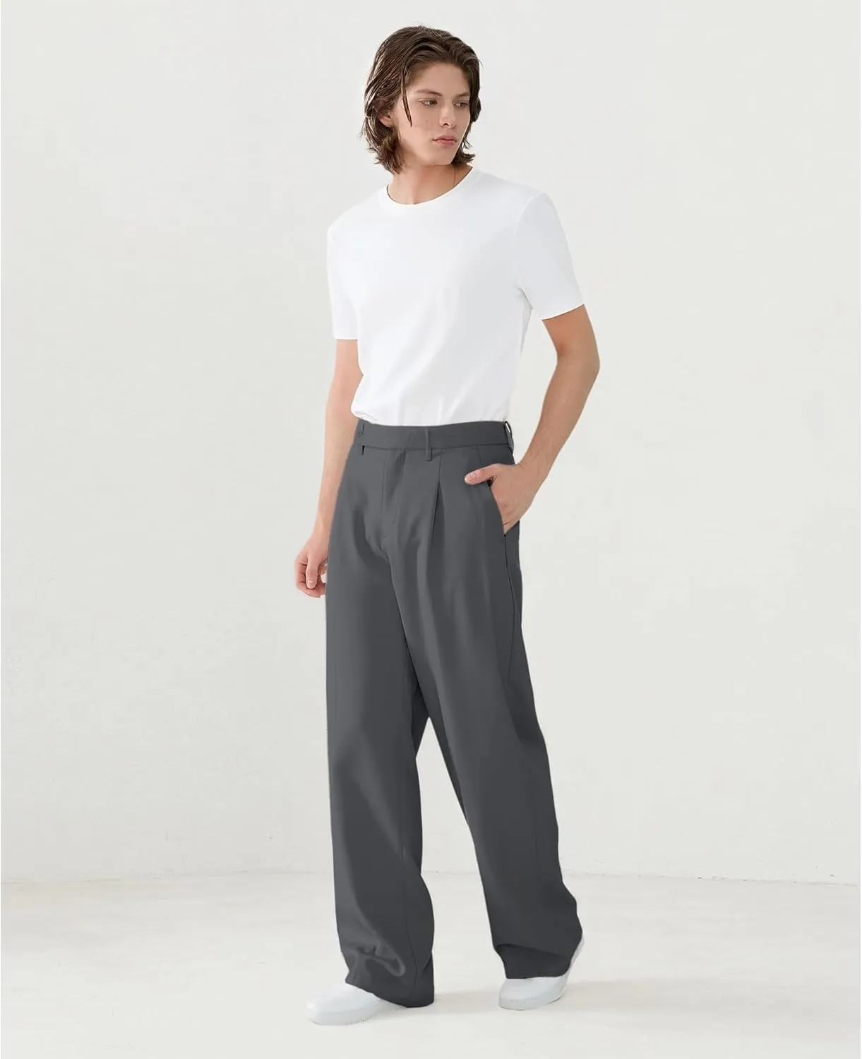 Susclude Mens Casual Dress Pants Pleated Old Money Wide Leg Baggy Pants Slacks Relaxed Fit Lightweight Work Trousers