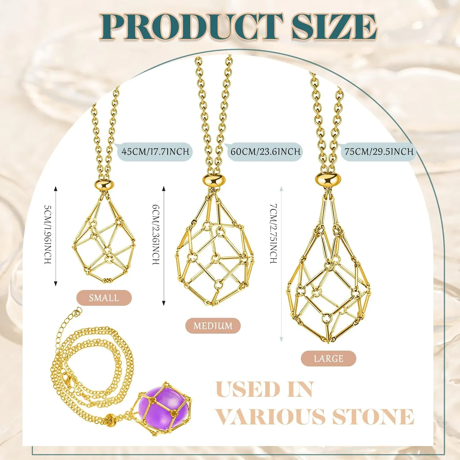 Tondiamo 3 Pcs Crystal Necklace Holder Cage Pendant Adjustable Empty Stone Holder Necklace Crystal Cage Stand Jewelry DIY Men(Gold)