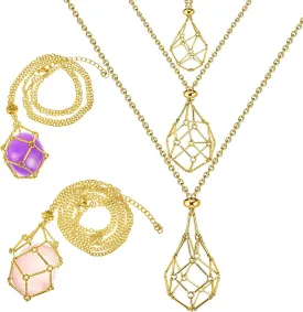 Tondiamo 3 Pcs Crystal Necklace Holder Cage Pendant Adjustable Empty Stone Holder Necklace Crystal Cage Stand Jewelry DIY Men(Gold)