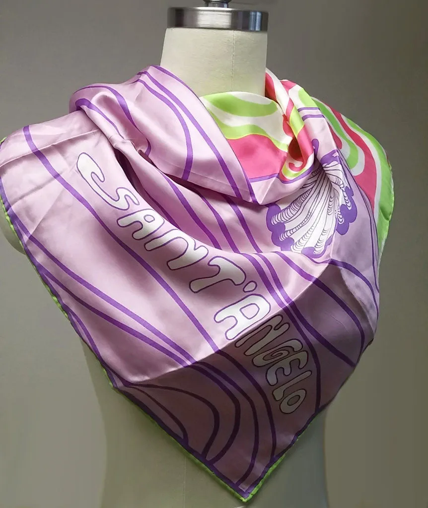 VINTAGE GIORGIO SANT' ANGELO FOR SALLY GEE SILK SEA SHELL SCARF IN LAVENDER, HOT PINK & LIME