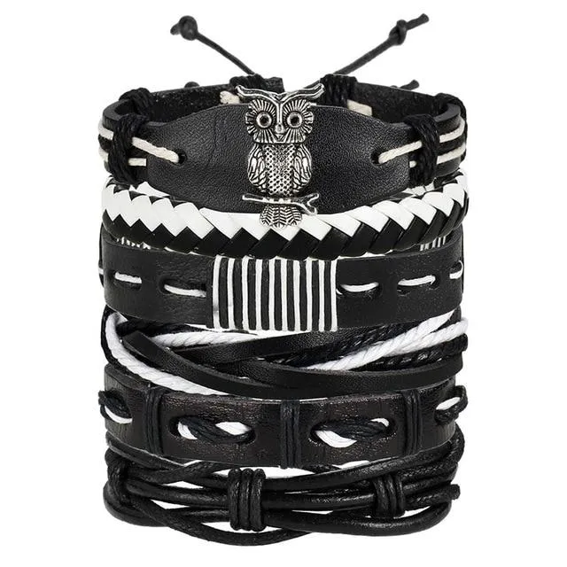 Vintage Leaf Feather, Star Rope Multilayer Leather Bracelet for Men