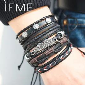 Vintage Leaf Feather, Star Rope Multilayer Leather Bracelet for Men