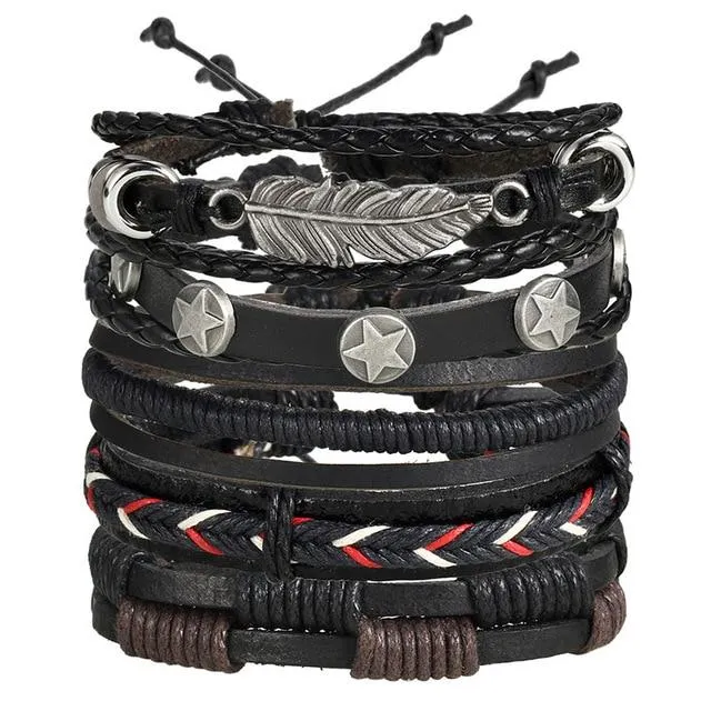 Vintage Leaf Feather, Star Rope Multilayer Leather Bracelet for Men