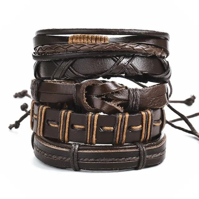 Vintage Leaf Feather, Star Rope Multilayer Leather Bracelet for Men