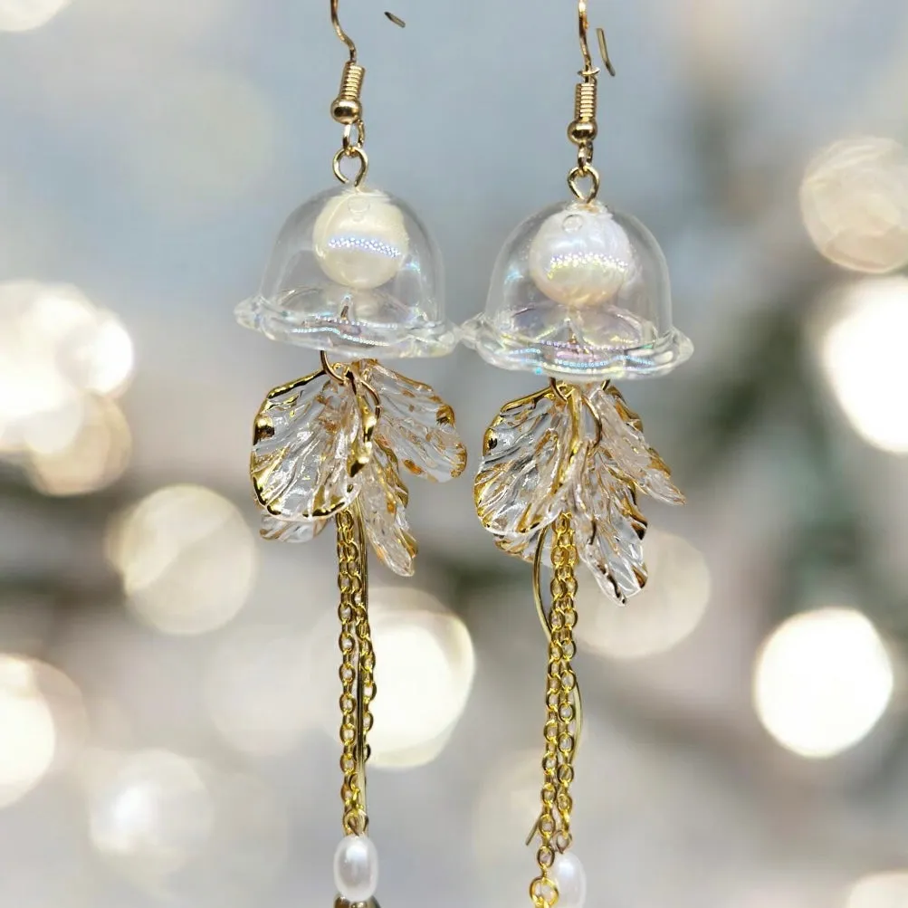 Whimsical - Golden sparkly clear Jellyfish earrings | sea creature zoology earrings | colourful clear iridescent dangle oversize earrings | halgoram earrings