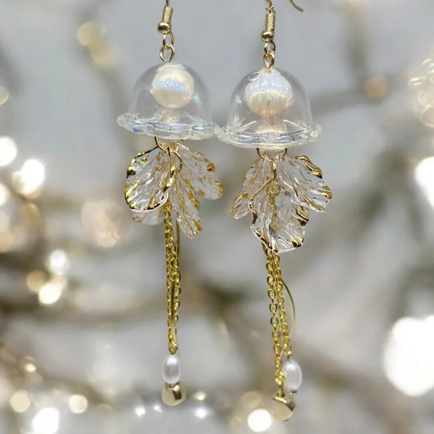 Whimsical - Golden sparkly clear Jellyfish earrings | sea creature zoology earrings | colourful clear iridescent dangle oversize earrings | halgoram earrings