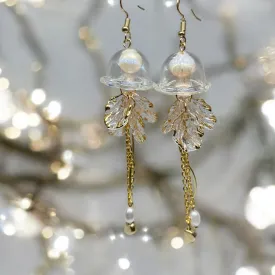 Whimsical - Golden sparkly clear Jellyfish earrings | sea creature zoology earrings | colourful clear iridescent dangle oversize earrings | halgoram earrings