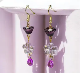 Whimsical - Purple flower earrings | golden leaf mini flower earrings | elegant floral dangle chain earrings