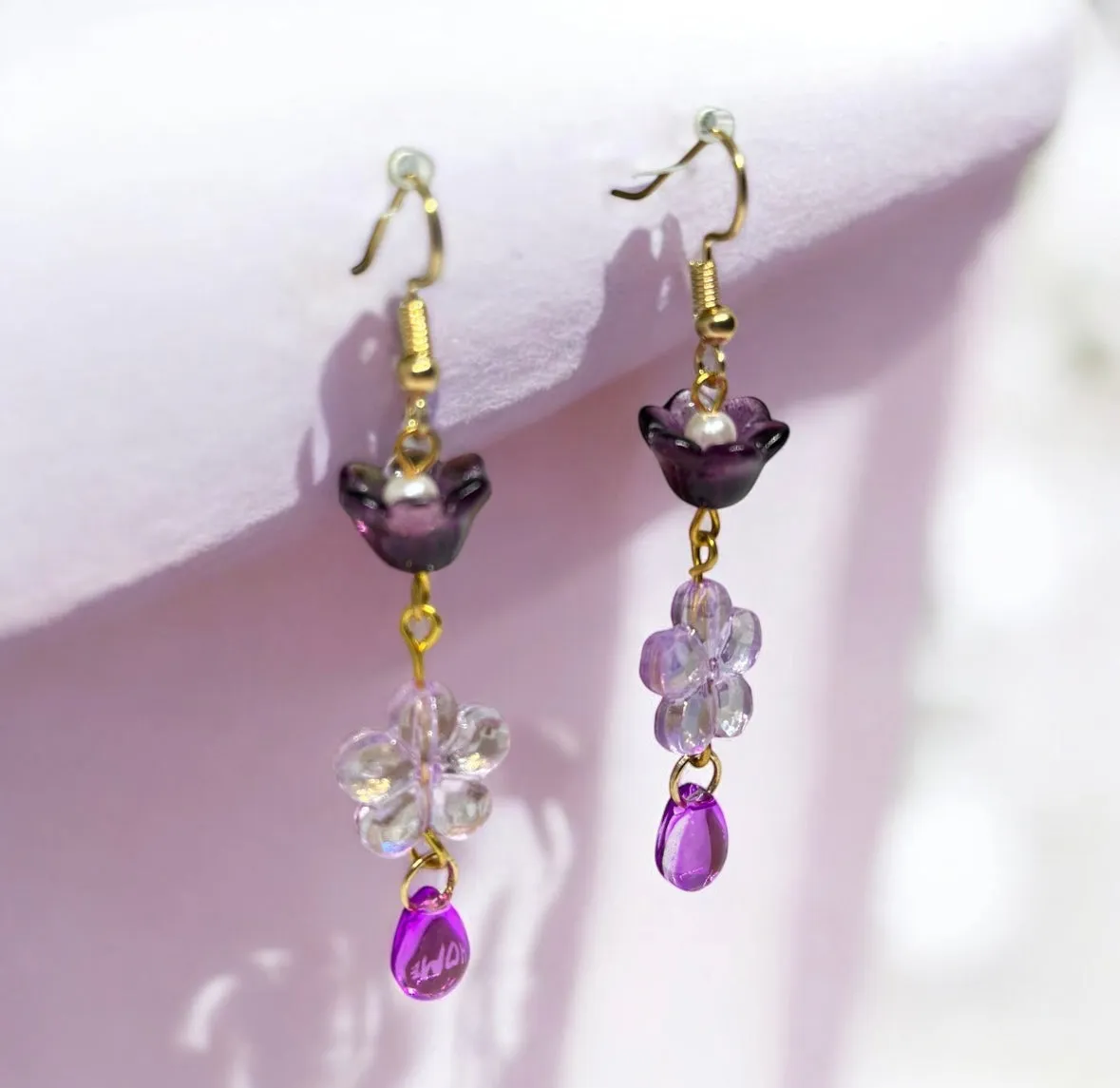 Whimsical - Purple flower earrings | golden leaf mini flower earrings | elegant floral dangle chain earrings