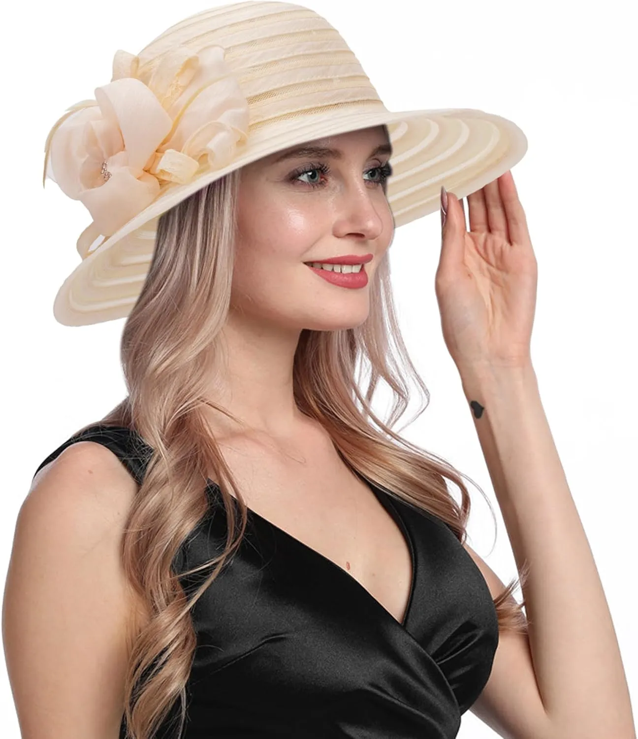 Wide-Brim Kentucky-Organza-Derby-Hat for Women Lady Tea Party Fascinators Cap Church Wedding Cap with Flower