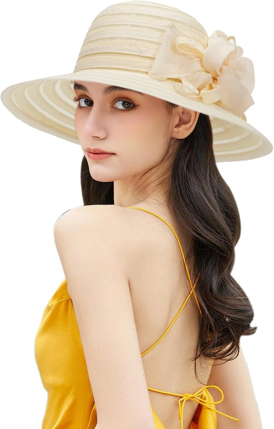 Wide-Brim Kentucky-Organza-Derby-Hat for Women Lady Tea Party Fascinators Cap Church Wedding Cap with Flower