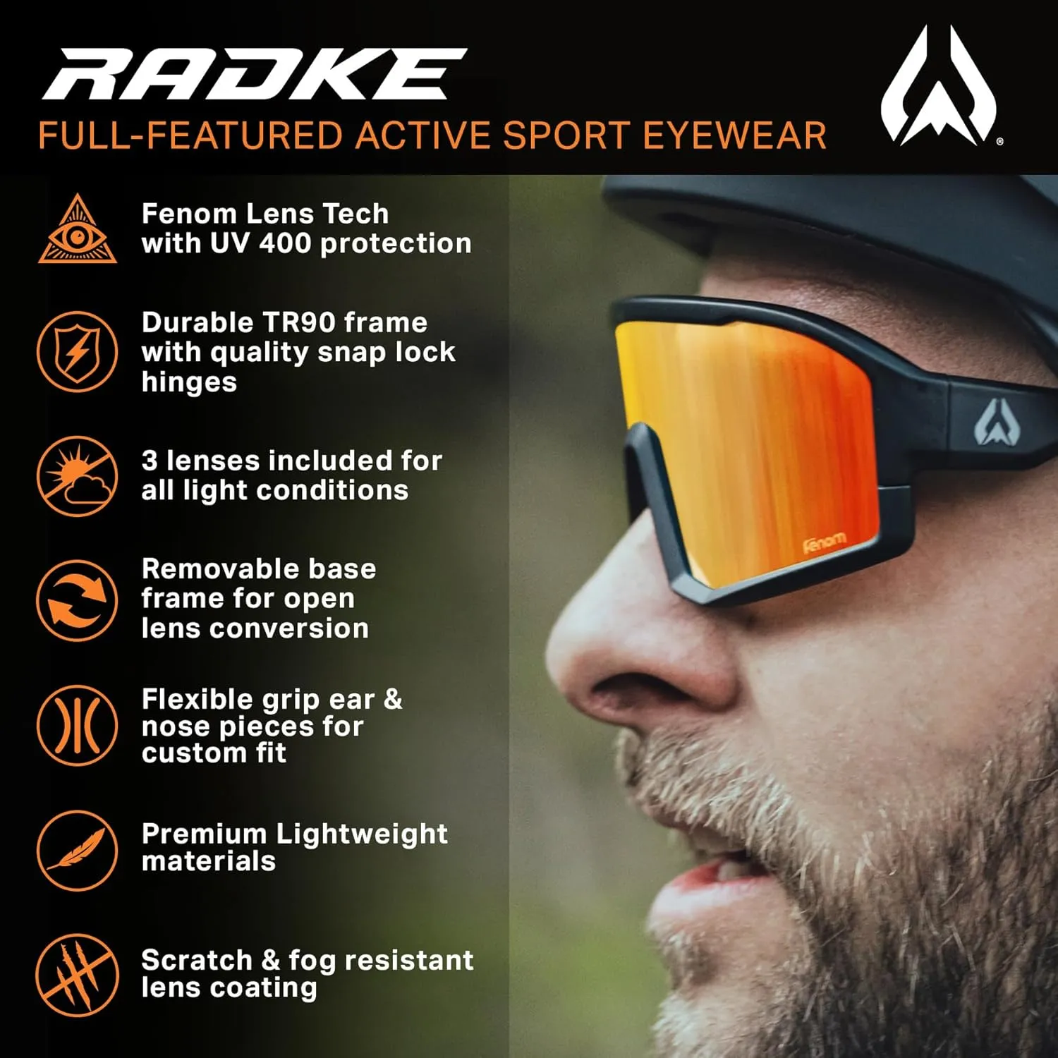 Wildhorn Radke MTB Cycling Glasses, UV400 Sports Ski Running Sunglasses for Women & Men, Baseball Glasses w/3 Swap Lenses