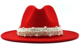 Women Vintage Wide Fedora Hat with Pearls Belt Buckle Adjustable Hats Fedora Hat Wide Brim Hats