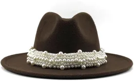 Women Vintage Wide Fedora Hat with Pearls Belt Buckle Adjustable Hats Fedora Hat Wide Brim Hats
