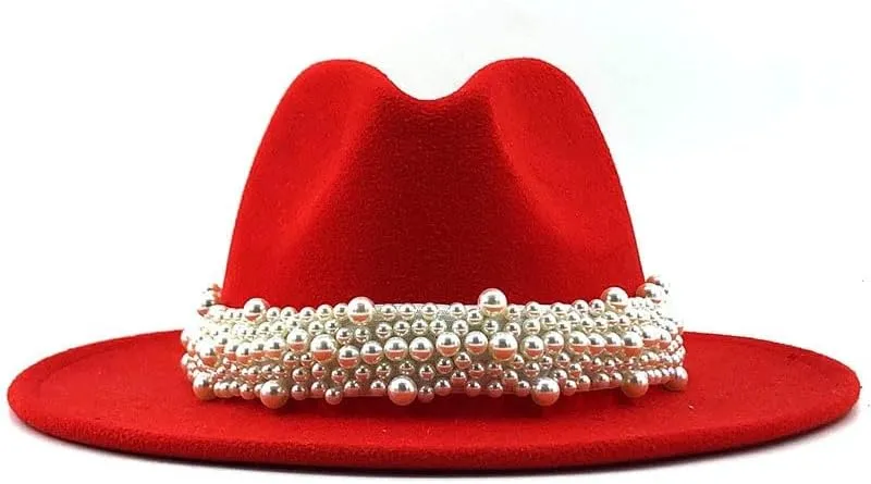 Women Vintage Wide Fedora Hat with Pearls Belt Buckle Adjustable Hats Fedora Hat Wide Brim Hats