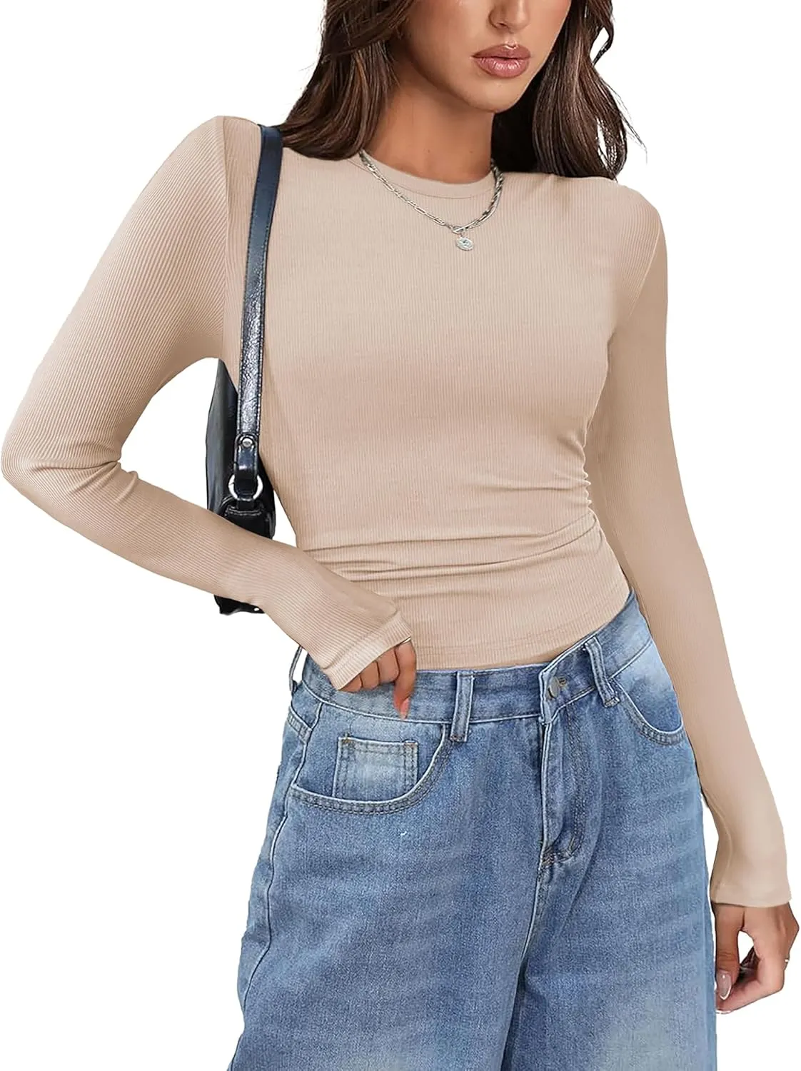 Zeagoo Womens Long Sleeve Stretch Crewneck Ribbed T-Shirt Slim Fit Casual Basic Tops S-XXL