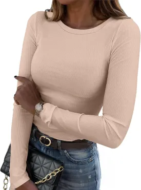 Zeagoo Womens Long Sleeve Stretch Crewneck Ribbed T-Shirt Slim Fit Casual Basic Tops S-XXL