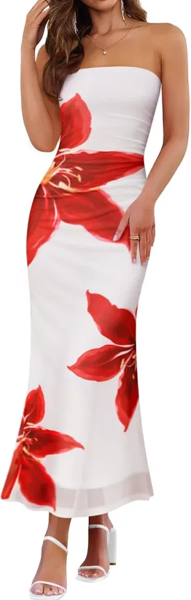 ZESICA Womens Boho Floral Strapless Maxi Dress 2025 Summer Off Shoulder Bodycon Beach Party Long Dresses