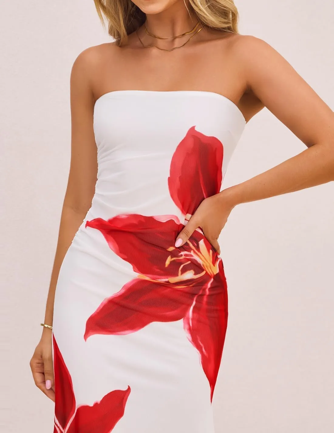 ZESICA Womens Boho Floral Strapless Maxi Dress 2025 Summer Off Shoulder Bodycon Beach Party Long Dresses