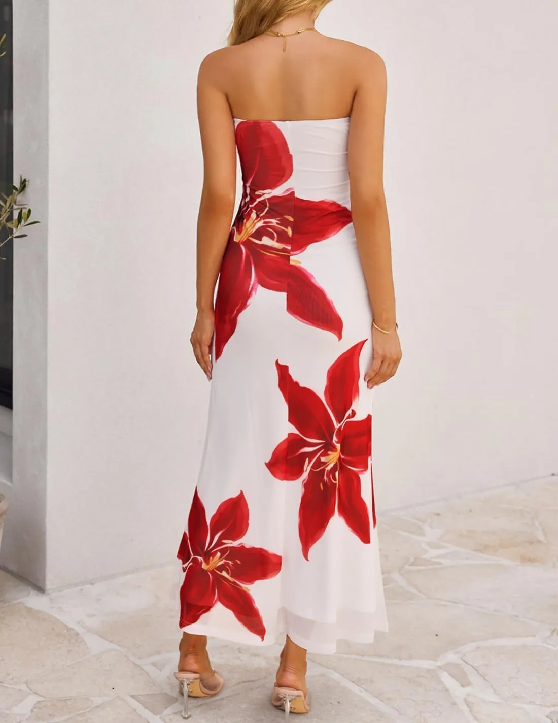 ZESICA Womens Boho Floral Strapless Maxi Dress 2025 Summer Off Shoulder Bodycon Beach Party Long Dresses