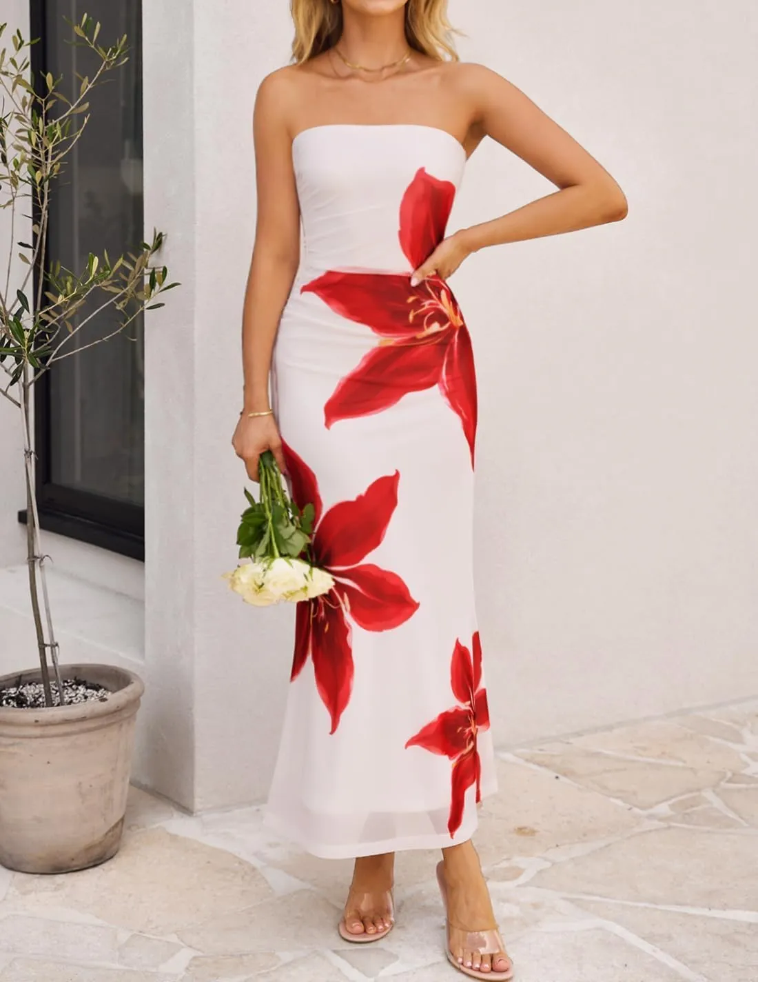 ZESICA Womens Boho Floral Strapless Maxi Dress 2025 Summer Off Shoulder Bodycon Beach Party Long Dresses